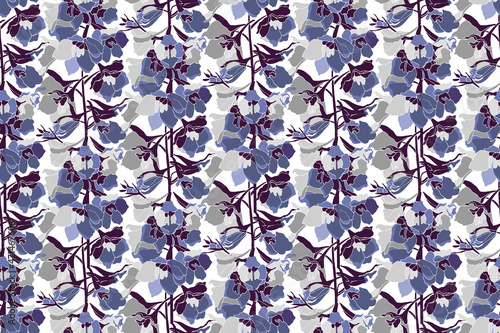 Vector floral seamless pattern. Vertically arranged blue delphinium flowers on а purple twigs. A pattern of repeating garden flowers for cards, banners and fabrics.