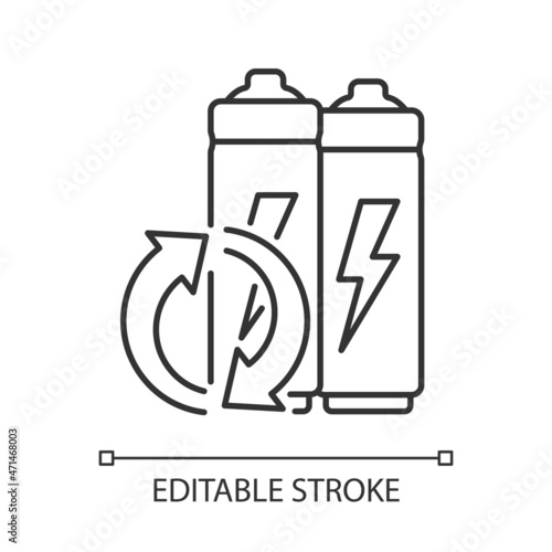 Lithium-ion battery recycling linear icon. Electronic waste disposal. Old accumulator reuse. Thin line customizable illustration. Contour symbol. Vector isolated outline drawing. Editable stroke