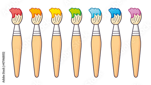 Red, orange, yellow, green, blue and violet artist paint brush isolated, spectrum or rainbow palette colors set.