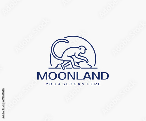 Line monkey with landscape logo design. Macaque walks on stones against the background of the sun vector design. Ape line art logotype