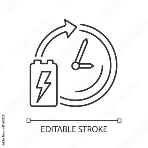 Battery lifetime linear icon. Accumulator lifespan and durability. Energy cell working period. Thin line customizable illustration. Contour symbol. Vector isolated outline drawing. Editable stroke