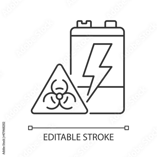 Battery toxicity linear icon. Soil and water pollution. Accumulator hazardous chemicals leak. Thin line customizable illustration. Contour symbol. Vector isolated outline drawing. Editable stroke