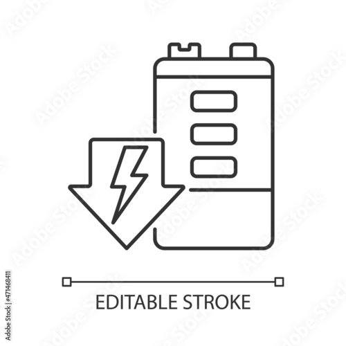 Battery discharging linear icon. Self-discharge. Energy draining. Durability deterioration. Thin line customizable illustration. Contour symbol. Vector isolated outline drawing. Editable stroke
