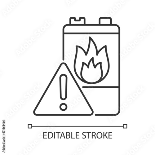 Battery flammability linear icon. Accumulator flash point. Thermal runaway. Fire start risk. Thin line customizable illustration. Contour symbol. Vector isolated outline drawing. Editable stroke
