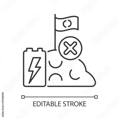 No battery landfills linear icon. Used cells wrong disposal. Accumulator hazardous chemicals leak. Thin line customizable illustration. Contour symbol. Vector isolated outline drawing. Editable stroke