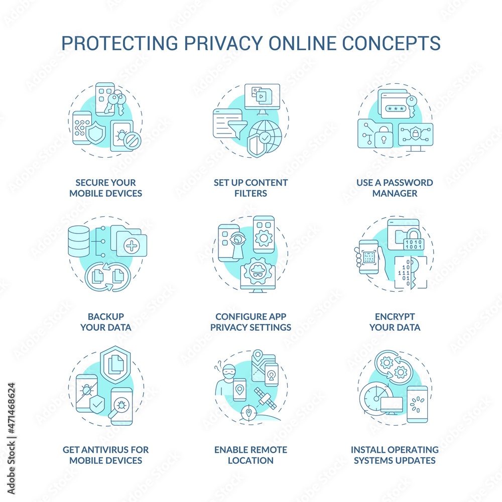 Privacy safe in internet concept icons set. Personal data internet safety idea thin line color illustrations. Tips to save information from hackers. Vector isolated outline drawings