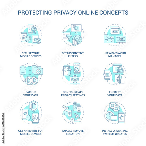 Privacy safe in internet concept icons set. Personal data internet safety idea thin line color illustrations. Tips to save information from hackers. Vector isolated outline drawings