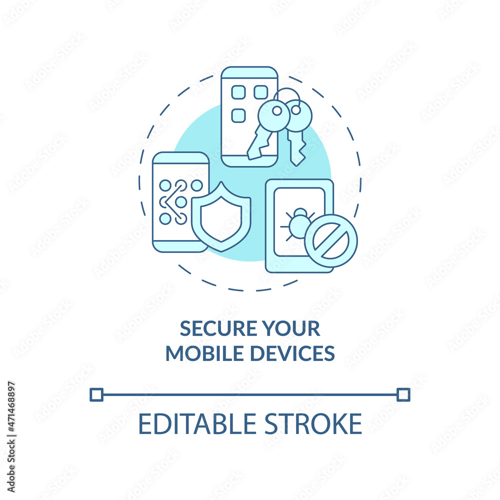 Mobile devices online protection concept icon. Secure mobile internet. Personal data protection online abstract idea thin line illustration. Vector isolated outline color drawing. Editable stroke Mobile devices online protection concept icon. Secure mobile internet. Personal data protection online abstract idea thin line illustration. Vector isolated outline color drawing. Editable stroke