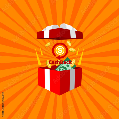 Cashback gift box. Grand concept of opening gift box getting cash back. Vector illustration. 