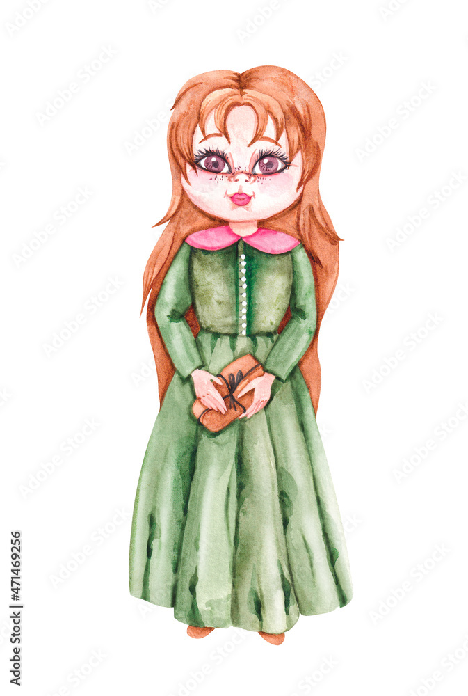Girl in a green dress with a gift In vintage style