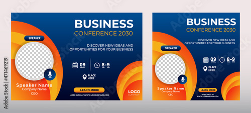 Marketing Business Conference live webinar banner invitation and social media post template. Abstract blue background cover. Business webinar invitation design.