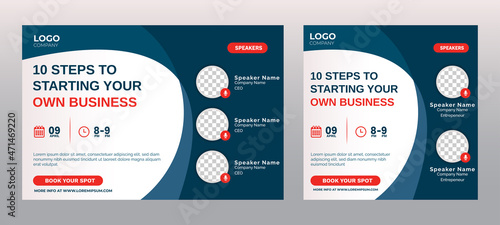 Business Steps Conference live webinar banner invitation and social media post template. Abstract Black background cover. Business webinar invitation design.
