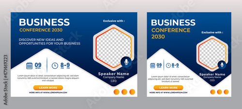 Marketing Business Conference live webinar banner invitation and social media post template. Abstract blue background cover. Business webinar invitation design.