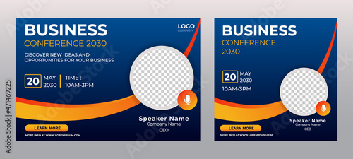 Marketing Business Conference live webinar banner invitation and social media post template. Abstract blue background cover. Business webinar invitation design.