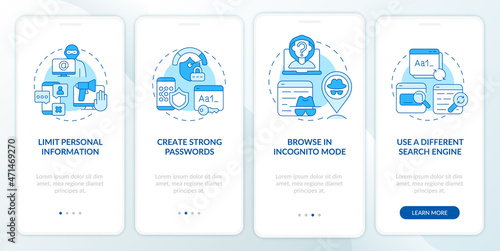 Internet browsing safety tips onboarding mobile app page screen. Data protection walkthrough eight four graphic instructions with concepts. UI, UX, GUI vector template with linear color illustrations