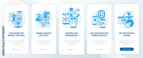 Cyber privacy tips onboarding mobile app page screen. Information protect walkthrough five steps graphic instructions with concepts. UI, UX, GUI vector template with linear color illustrations