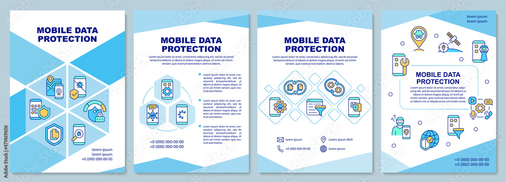 Mobile devices data protection tips brochure template. Flyer, booklet, leaflet print, cover design with linear icons. Vector layouts for presentation, annual reports, advertisement pages