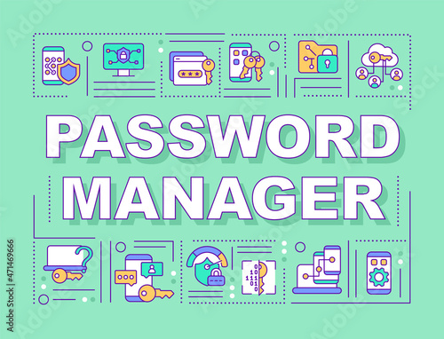 Password manager protecting information word concepts banner. Infographics with linear icons on green background. Isolated creative typography. Vector outline color illustration with text