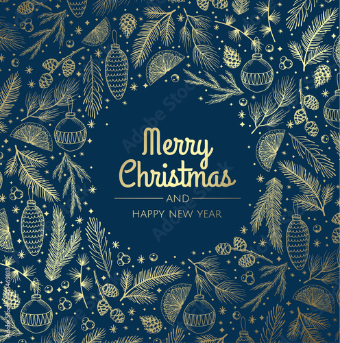 Merry Christmas and Happy New Year greeting card. Christmas holiday background with fir tree  snowflakes  balls.
