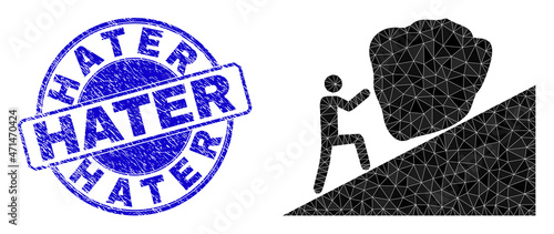 Low-Poly polygonal man rolling stone up 2d illustration with Hater corroded seal print. Blue stamp seal contains Hater title inside circle it.