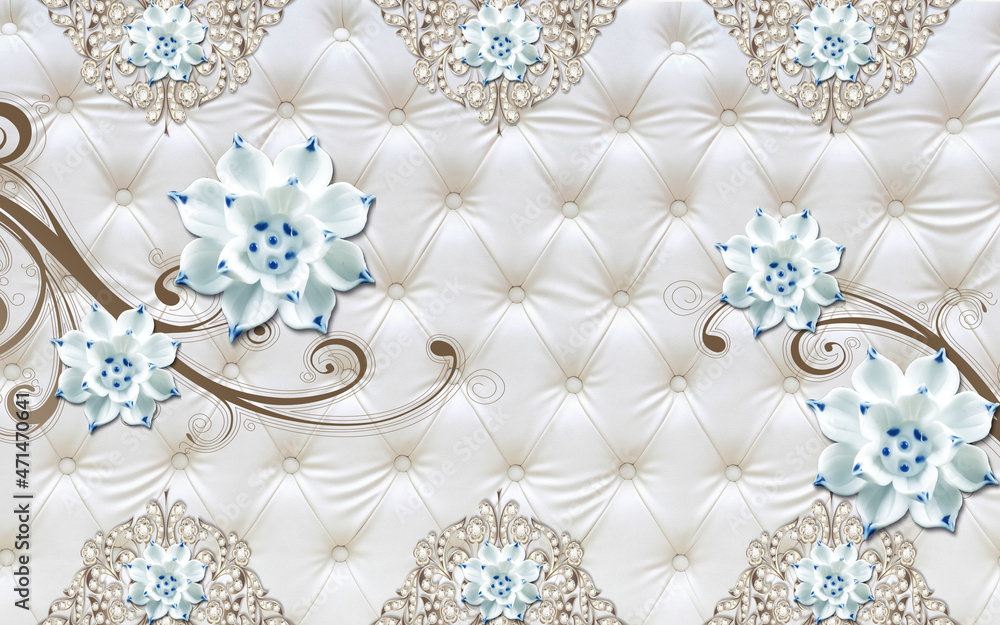 3d wallpaper blue jewelry flowers on silver leather background for living  room Stock Illustration | Adobe Stock