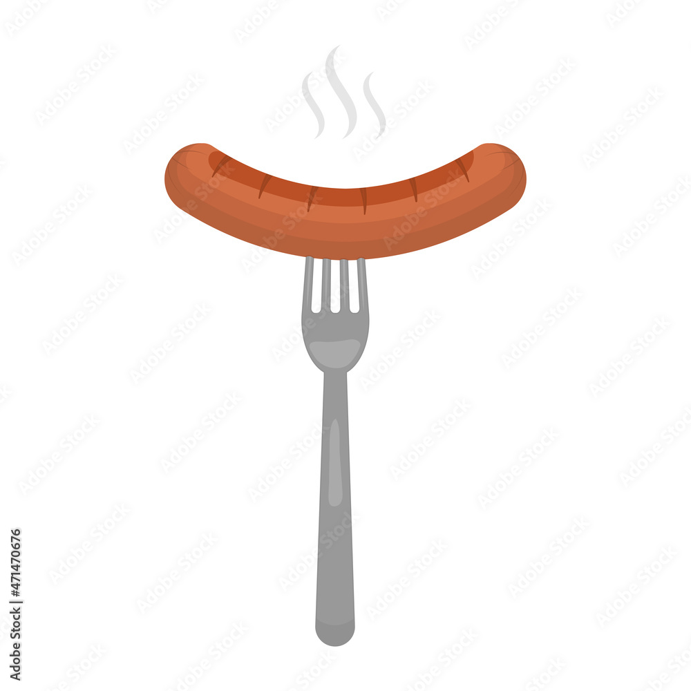 Grilled hot sausage on a fork. Vector illustration isolated on white background. Grilled hot sausage on a fork. Vector illustration isolated on white background.