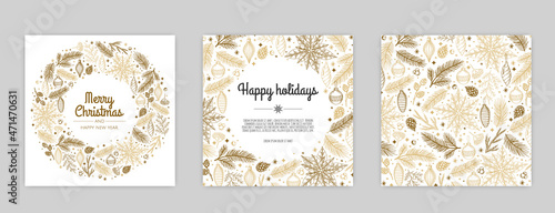 Merry Christmas artistic templates. Corporate Holiday cards and invitations. Floral frames and backgrounds design.
