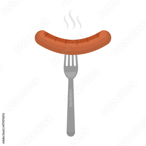 Grilled hot sausage on a fork. Vector illustration isolated on white background.