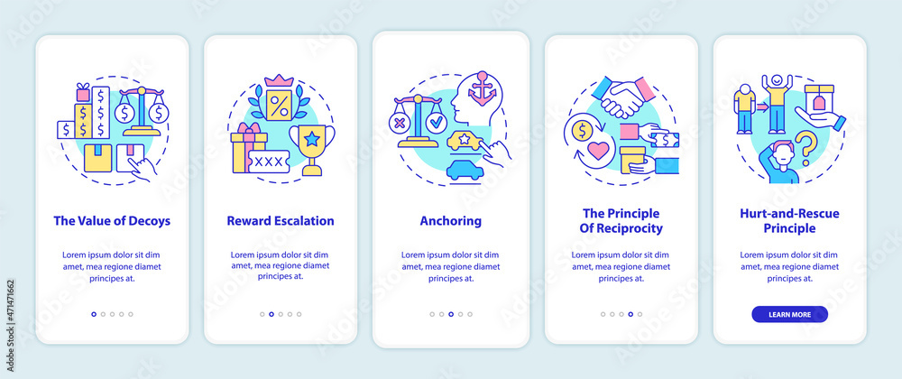 Neuromarketing rules onboarding mobile app page screen. Hurt and rescue principle walkthrough 5 steps graphic instructions with concepts. UI, UX, GUI vector template with linear color illustrations