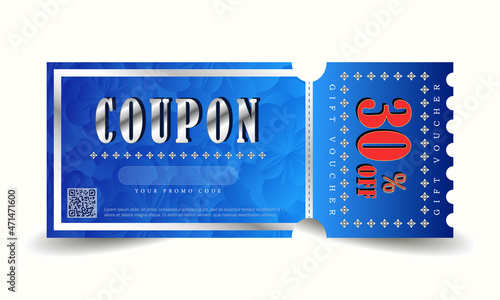 Template blue and silver gift card. Vector discount voucher with promo code and offer up to 30 percent off. Coupon with text sale promotion for business, online shopping, marketing. 
