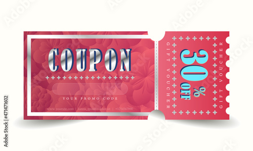 Isolated template pink and silver gift card. Glamorous vector discount voucher with promo code and offer up to 30 percent off. Shopping coupon with text sale promotion for business, marketing.