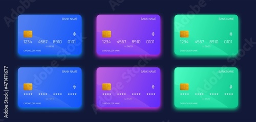 Plastic bank card design template set. Isolated credit or debit cards mockup with colourful gradient style concept.