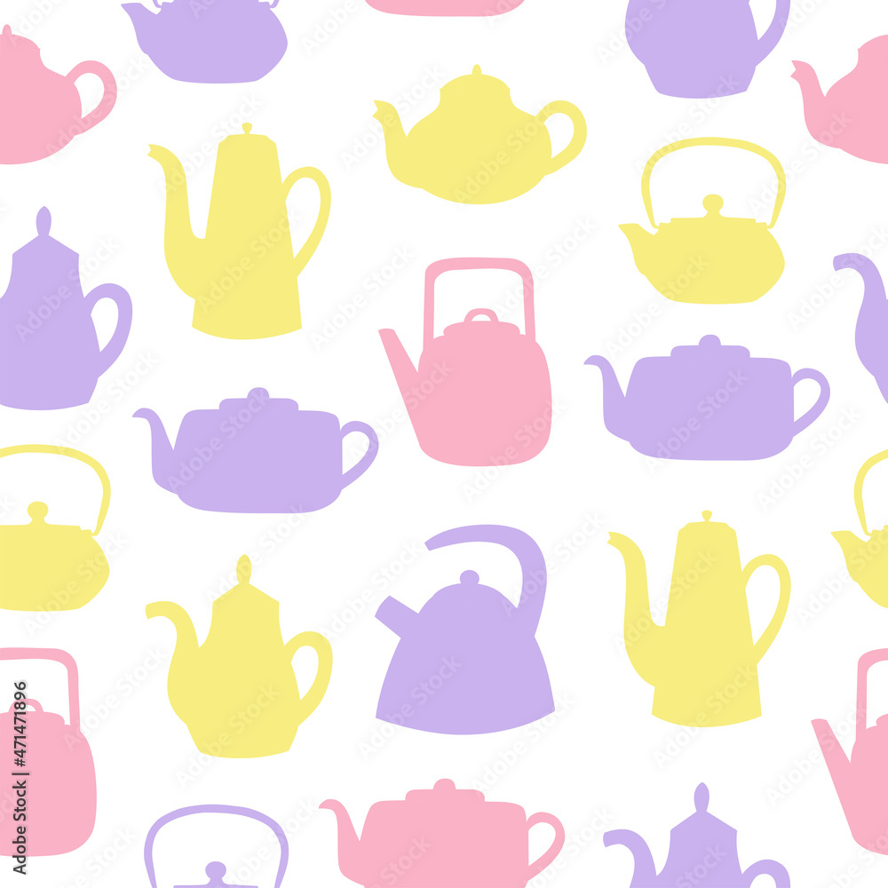 Teapots and kettles seamless pattern. Colorful objects on white background. Kitchen utensil background. Doodle style. Teapots and kettles seamless pattern. Colorful objects on white background. Kitchen utensil background. Doodle style.