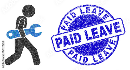 Lowpoly polygonal spanner courier icon illustration, and Paid Leave rubber seal. Blue stamp seal includes Paid Leave title inside circle form. Spanner courier icon is filled using triangle mosaic.