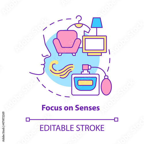 Focus on senses concept icon. Appeal to customer olfactory sense. Sensory branding. Scent marketing abstract idea thin line illustration. Vector isolated outline color drawing. Editable stroke
