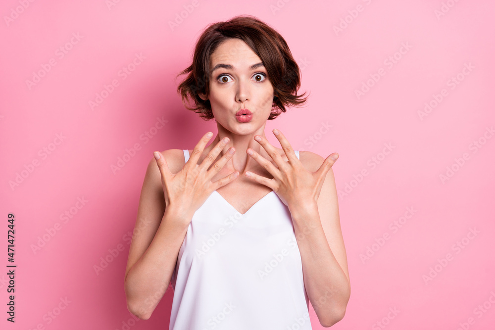 Portrait of attractive funny amazed cheerful girl impressing news reaction isolated over pastel pink color background Portrait of attractive funny amazed cheerful girl impressing news reaction isolated over pastel pink color background