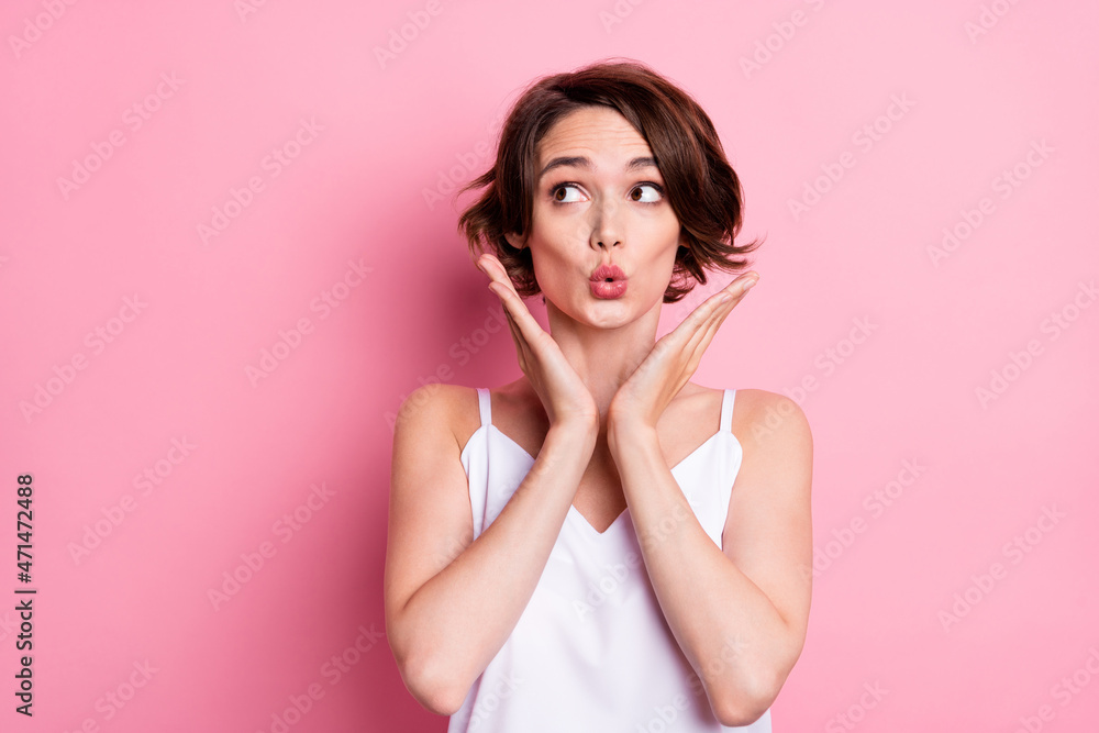 Portrait of attractive amazed brown-haired girl news reaction pout lips copy space isolated over pastel pink color background Portrait of attractive amazed brown-haired girl news reaction pout lips copy space isolated over pastel pink color background