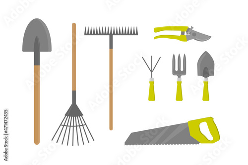  Set of colorful garden equipment. Rake, shovel, trowel, garden fork, secateurs and saw. Flat style