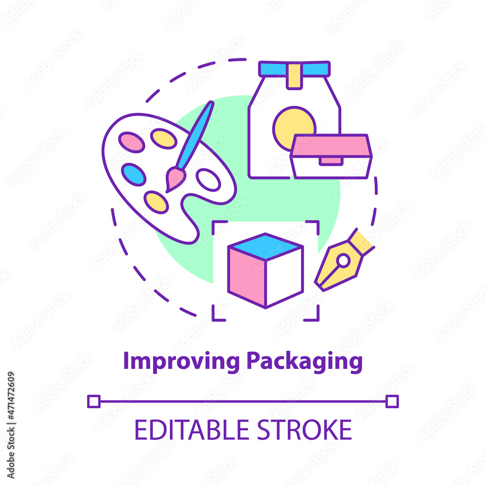 Improving packaging concept icon. Renovate visual appearance. Switch color. Change product design abstract idea thin line illustration. Vector isolated outline color drawing. Editable stroke Improving packaging concept icon. Renovate visual appearance. Switch color. Change product design abstract idea thin line illustration. Vector isolated outline color drawing. Editable stroke