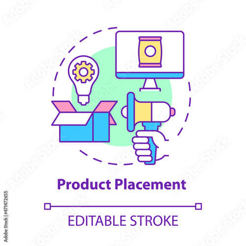 Product placement concept icon. Brand merchandising strategy. Implicit advertising form. Embedded marketing abstract idea thin line illustration. Vector isolated outline color drawing. Editable stroke
