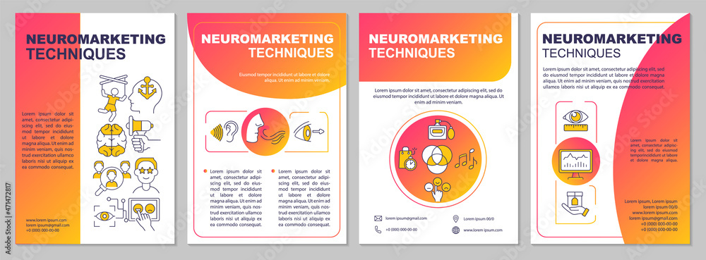 Naklejka premium Neuromarketing methods brochure template. Customer senses impact. Flyer, booklet, leaflet print, cover design with linear icons. Vector layouts for presentation, annual reports, advertisement pages