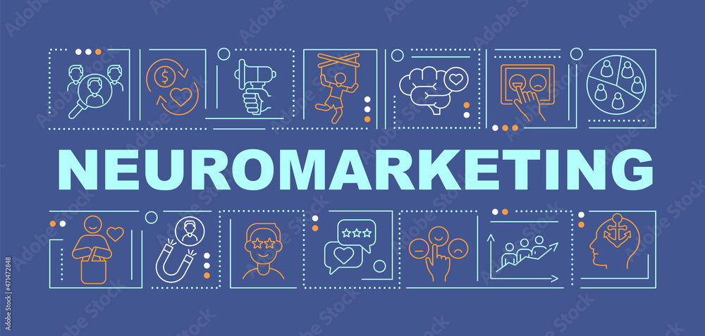 Marketing neuroscience word concepts banner. Assess consumer behavior. Infographics with linear icons on blue background. Isolated creative typography. Vector outline color illustration with text