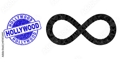 Low-Poly polygonal infinity icon illustration with HOLLYWOOD textured watermark. Blue seal has Hollywood tag inside round form. Infinity icon is filled with triangle mosaic.