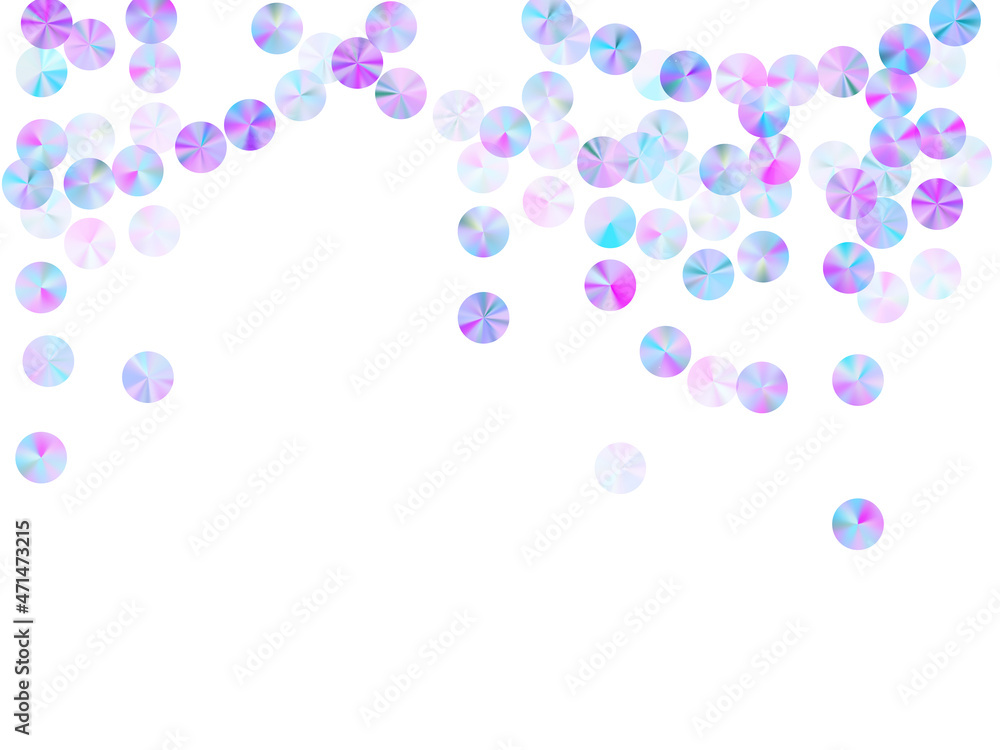 Violet paillettes confetti scatter vector background. Bright sparkling paillette elements party decor top view. Holiday confetti placer lustering pattern.