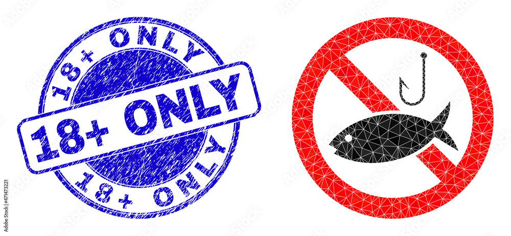 Lowpoly polygonal restricted fishing icon illustration with 18+ Only scratched watermark. Blue stamp contains 18+ Only caption inside circle shape. Lowpoly polygonal restricted fishing icon illustration with 18+ Only scratched watermark. Blue stamp contains 18+ Only caption inside circle shape.
