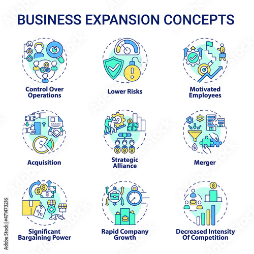 Business expansion concept icons set. Company growth and development idea thin line color illustrations. Merger and acquisition. Market competition. Vector isolated outline drawings. Editable stroke