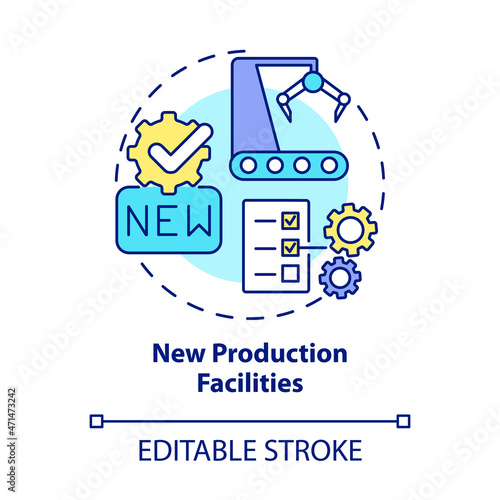 New production facilities concept icon. Business growth abstract idea thin line illustration. Renewed equipment. Manufacturing automation. Vector isolated outline color drawing. Editable stroke