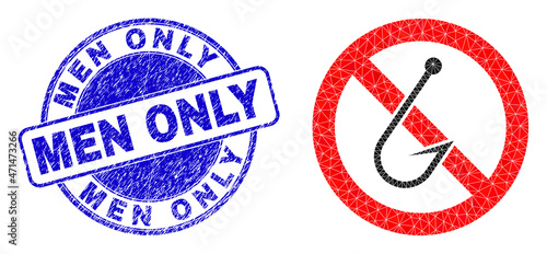 Low-Poly polygonal forbidden fishing hook 2d illustration with Men Only unclean stamp seal. Blue stamp seal contains Men Only title inside round form.