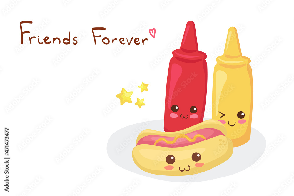 Kawaii Hot Dog and Ketchup with Mustard `bottles isolated on white background. Cute fast food
