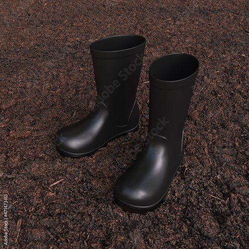 Rubber boots black standing in the mud, 3d render